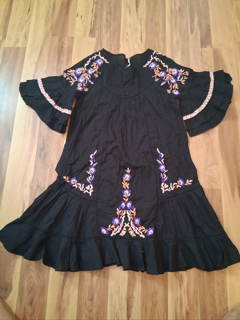 Free People Black Midi Dress with Purple & Peach Floral Embroidery